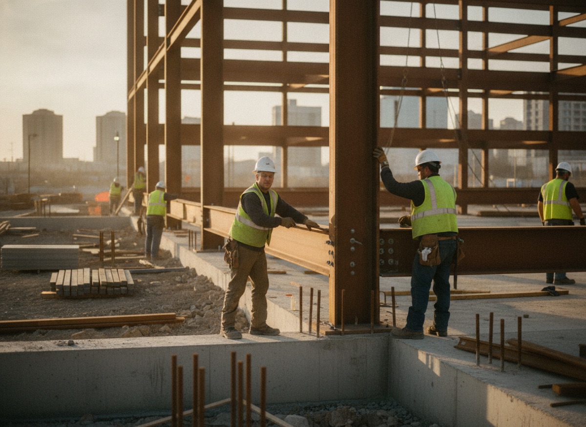 Construction crew framing a commercial building