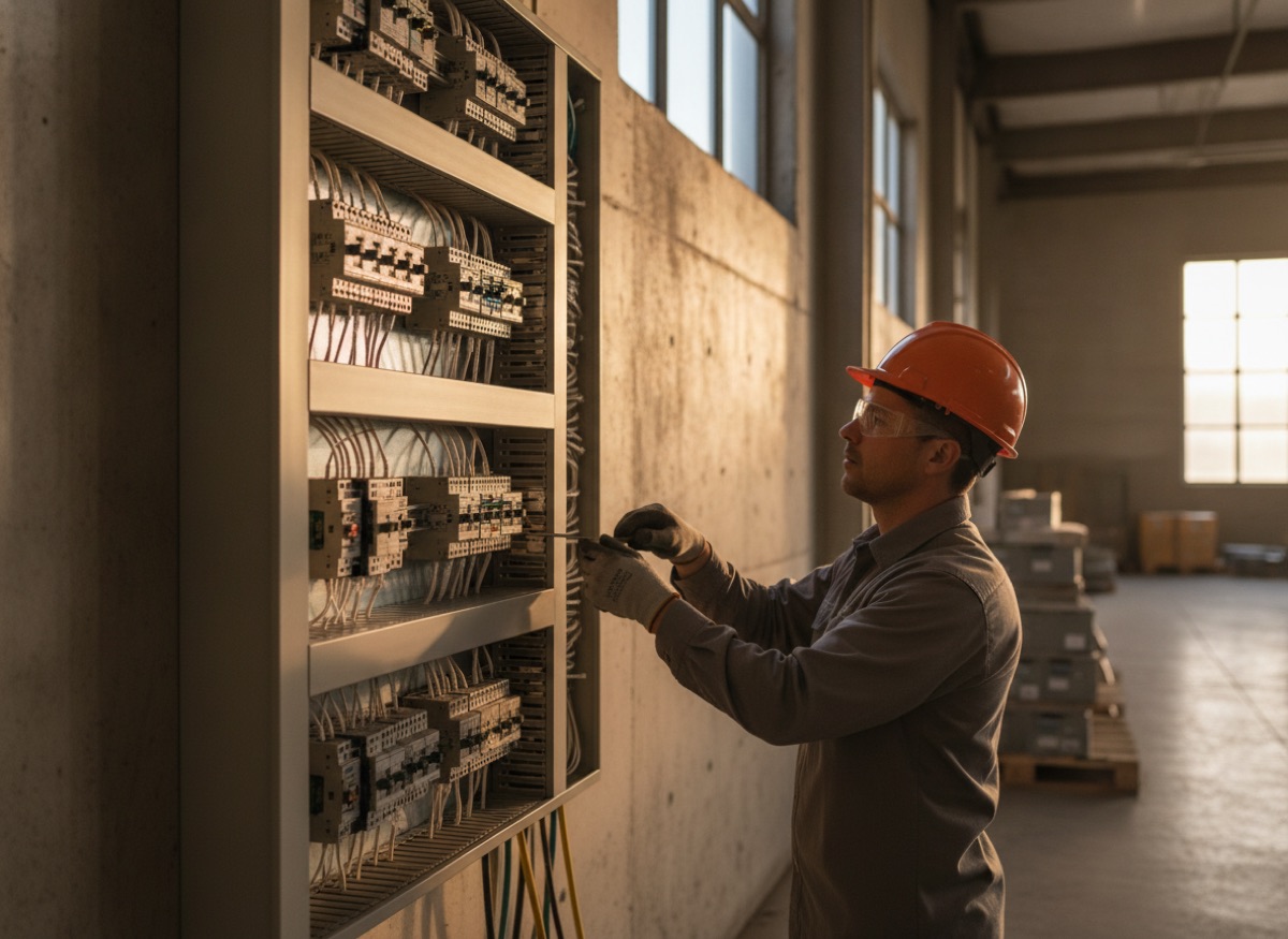 Electrician working on a commercial panel