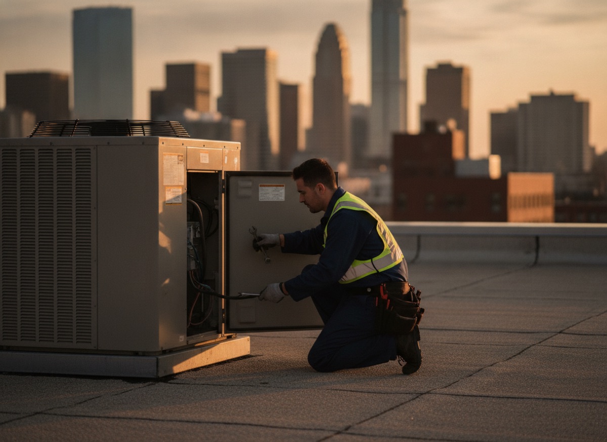 Technician servicing a rooftop HVAC unit