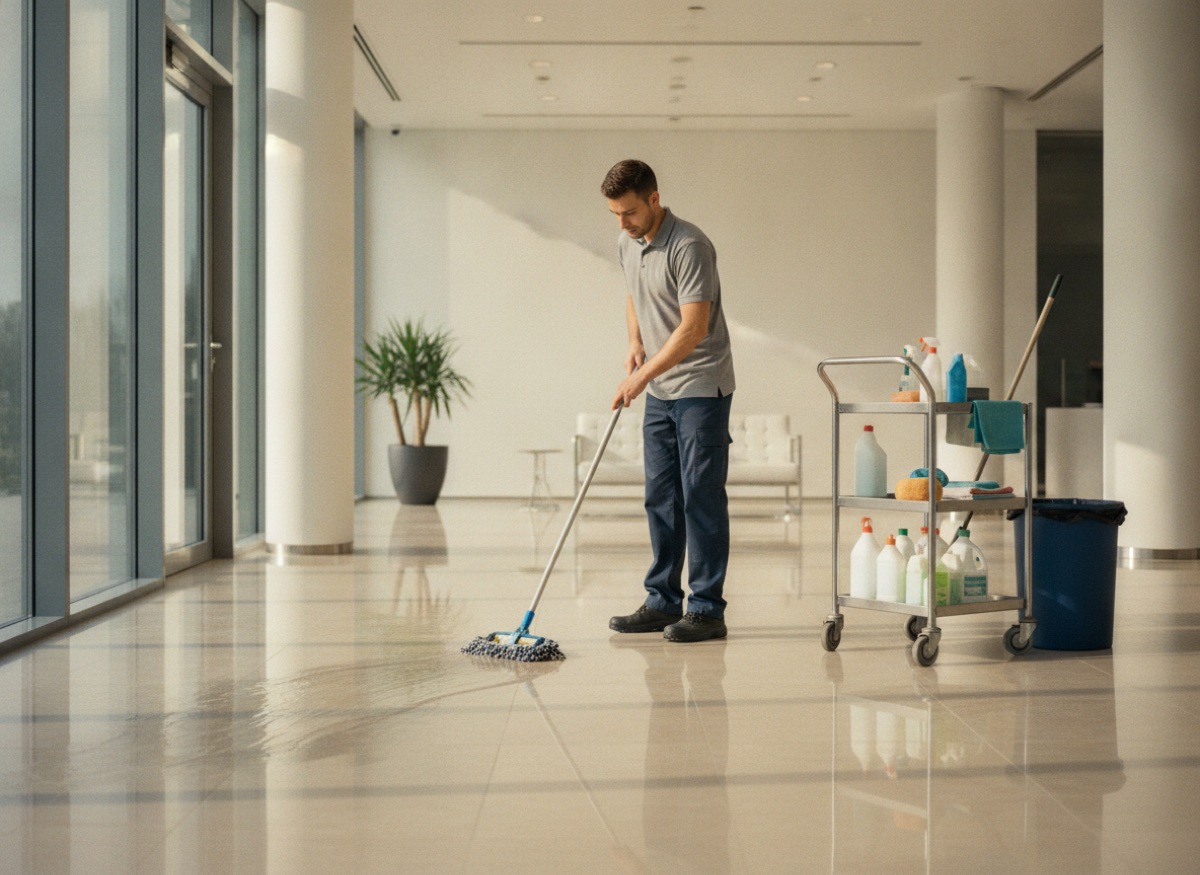 Custodial professional cleaning an office lobby