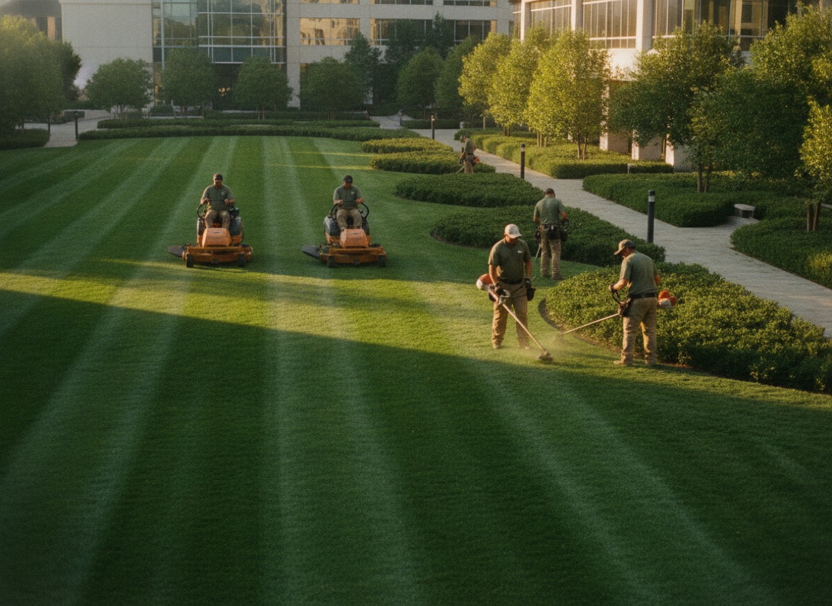 Landscaping crew maintaining a campus lawn