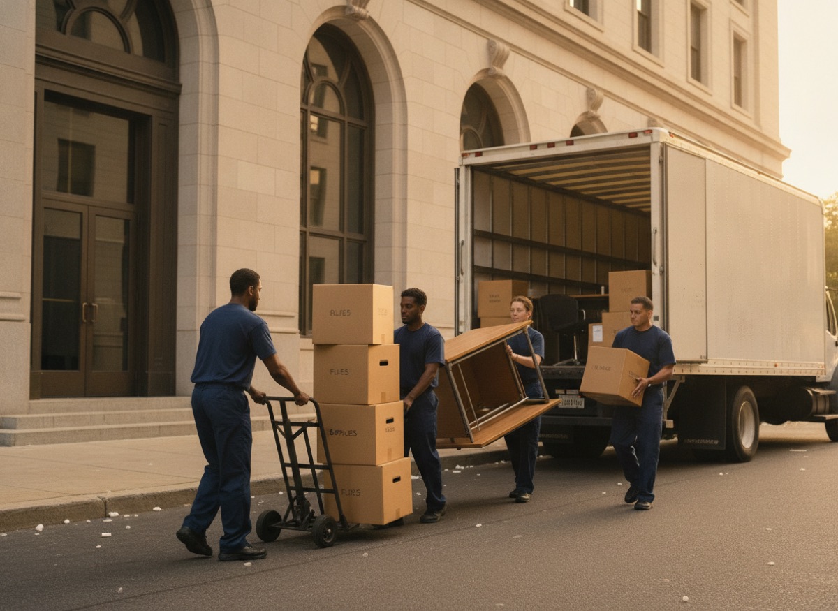Crew moving office furniture into a building